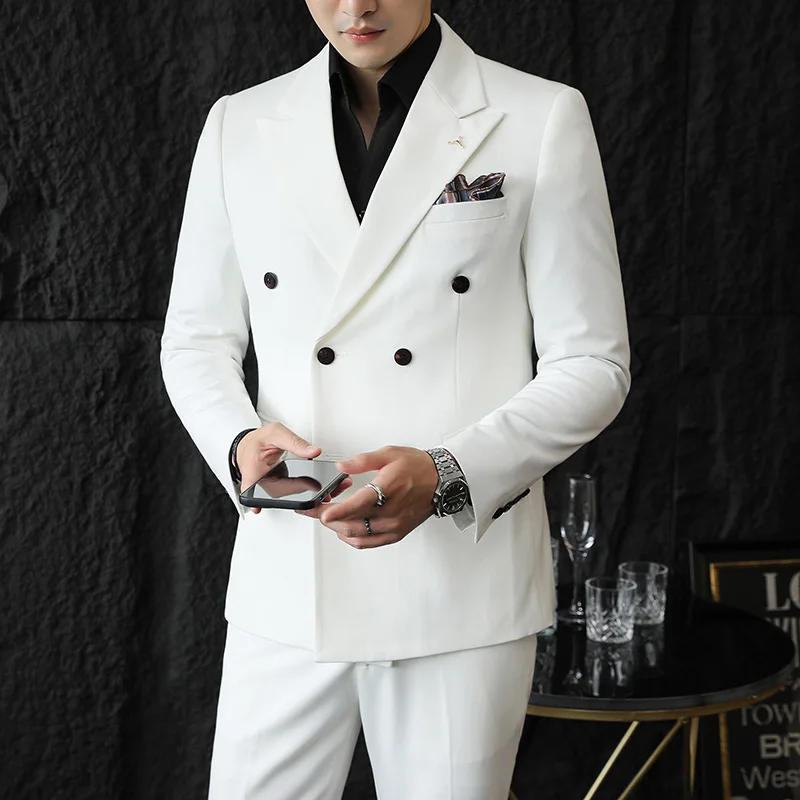 High-end double-breasted suit (suit + trousers) S-7XL Korean slim fashion handsome business solid color suit two-piece set