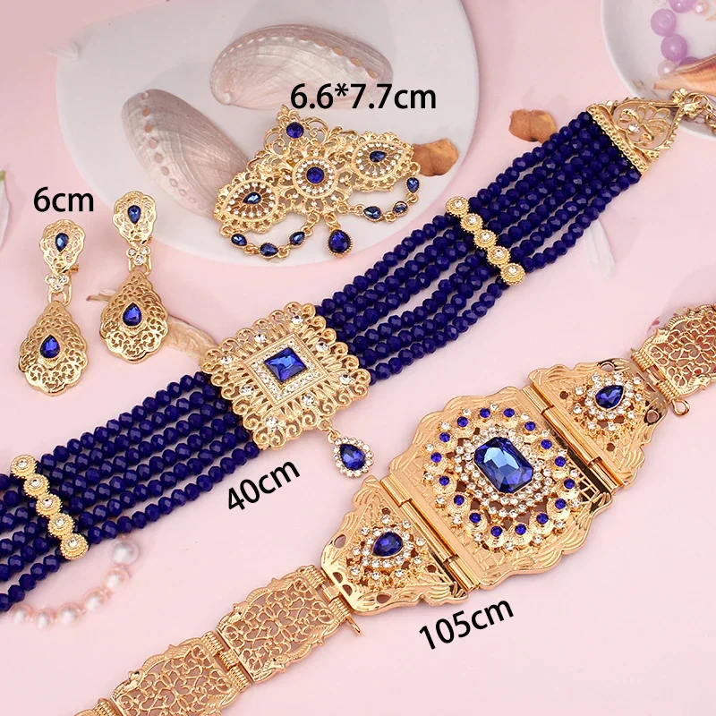 Royal  Bule Stone Bridal Jewelry Set Gold Plated Moroccan Caftan Wedding Jewelry Handmade Ethnic Women Accessory Mother Gift