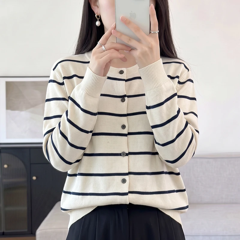 BELIARST Spring Autumn New 100% Pure Cotton Sweater Women's Round Neck Knitted Cardigan Casual Loose Striped Top Fashion Korean
