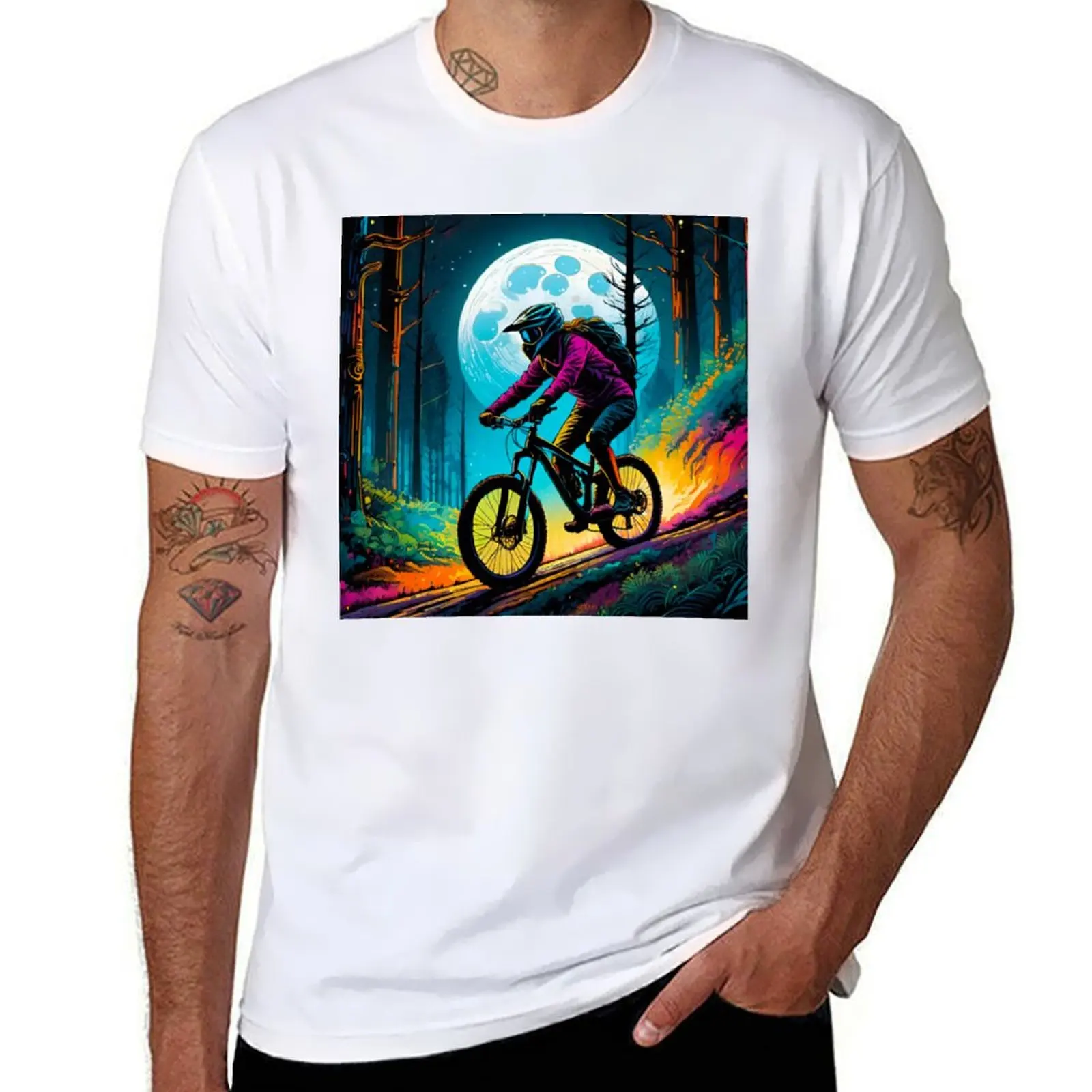 

MTB Rider Navigating Moonlit Trails T-Shirt man t shirt summer T-Shirt