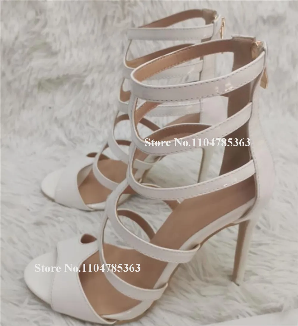 Moda Nero Bianco Pelle verniciata Cinghie sottili Tacco a spillo Sandali gladiatore Punta aperta T-strappy Tacco sottile Tacchi da festa Taglia grande