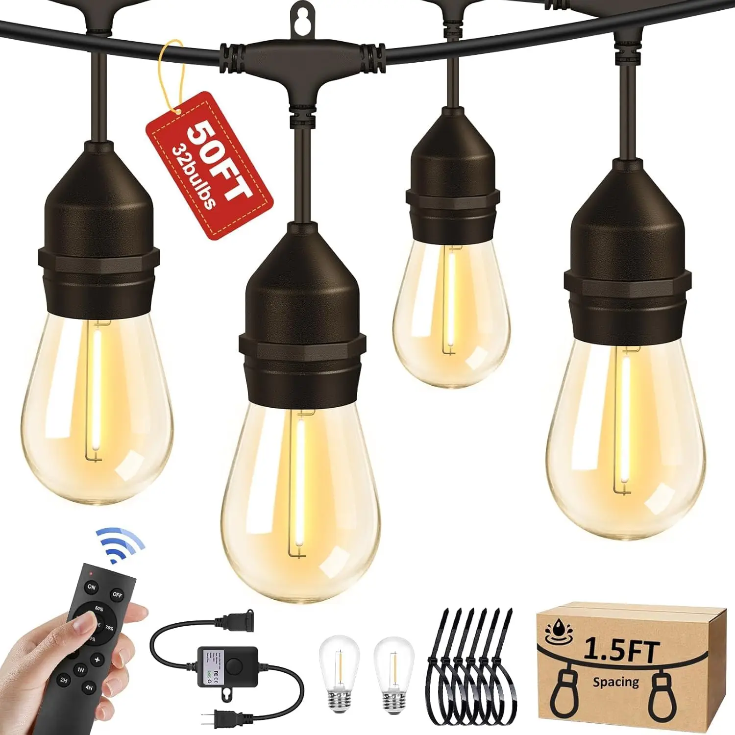 

50FT Outdoor String Lights with Remote & Dimmer, IP65 Waterproof, 32+2 Bulbs for Patio