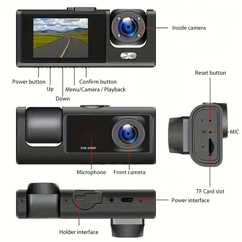 ABUO-3 Channel WIFI APP Car DVR 1080P Dash Cam For Cars Dual Len Car Recording Camera With Rear View Camera Car Accessory