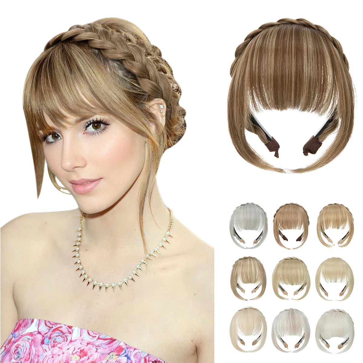 Synthetic Headband Bangs Extension Fake Hair Blunt Fringe with Long Sides For Women Natural Flase Black Brown Blonde Bang B12