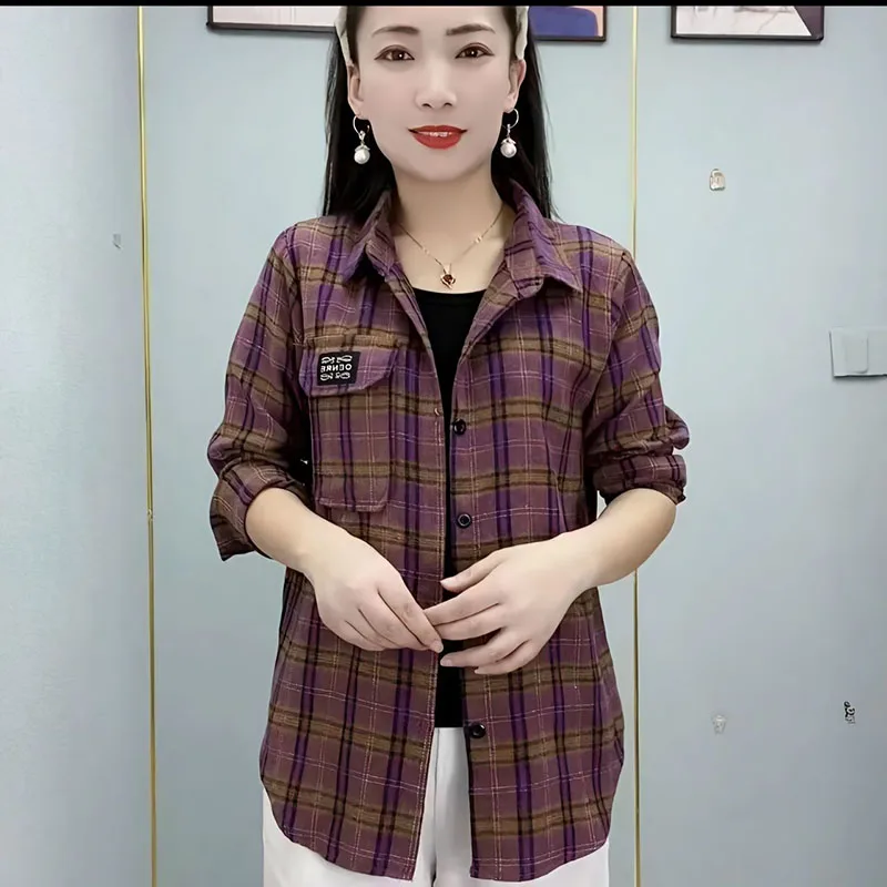 

Fashion Lapel Button Spliced Pockets Plaid Shirts Women's Clothing 2023 Autumn Winter Loose Casual Tops Commuter Blouses