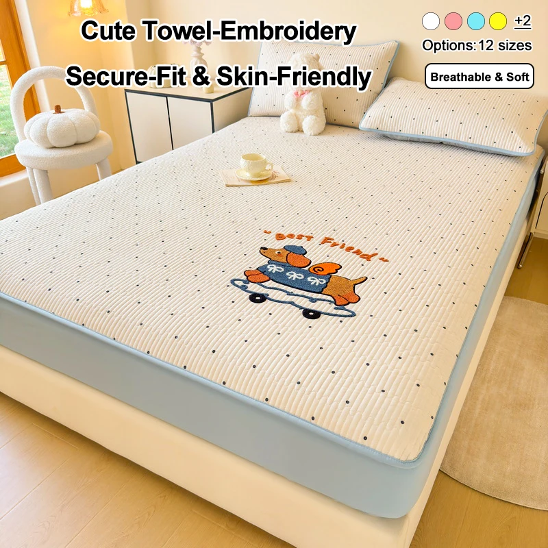 Cute Towel‑Embroidery Mattress Cover, Quilted Mattress Protector with Elastic Deep Pocket, Soft Skin‑Friendly Bed Fitted Sheet