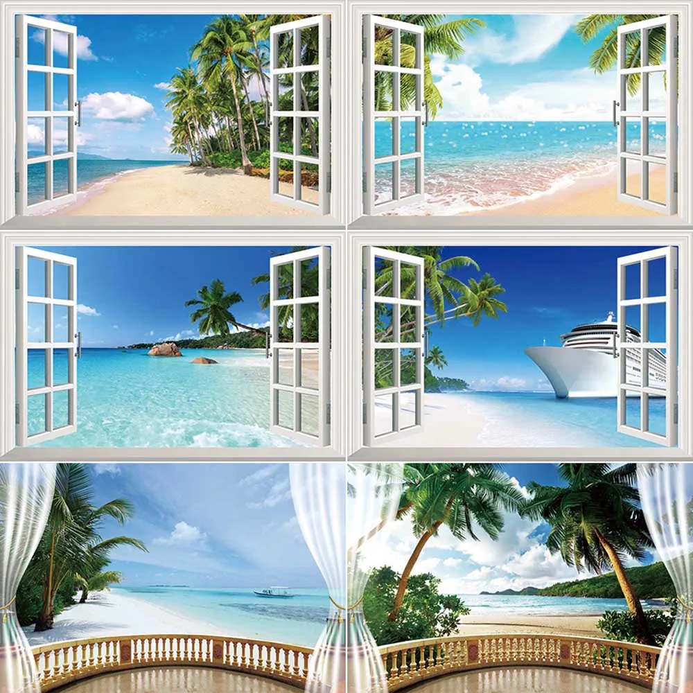 

MOON.QG Tropical Seaview Room Photography Backdrop Ocean Coconut Trees Curtain Photozone Background Baby Studio Photobooth Props