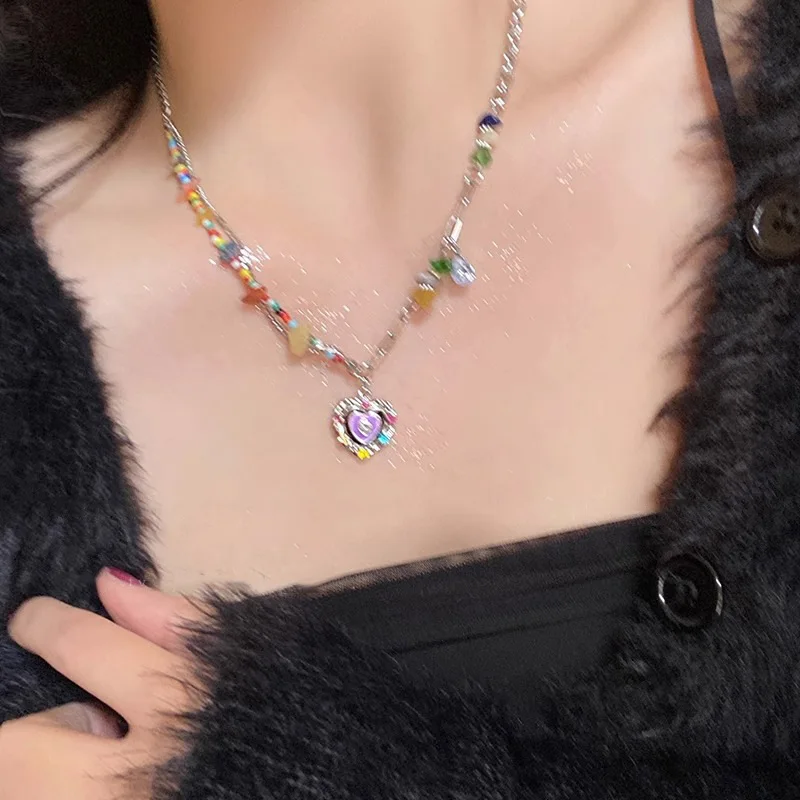 

PANJBJ 925 Sterling Silver Colored Stones Satr Drip Glaze Necklace For Women Girl Ins Kpop Double Layer Jewelry Dropshipping