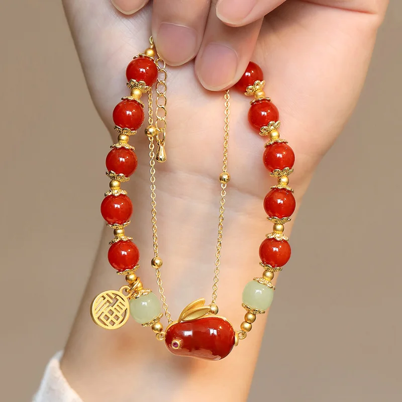 

Southern Red tourmaline cute rabbit bracelet for women Natural Hotan Jade Exquisite double bead chain design bangles jewelry