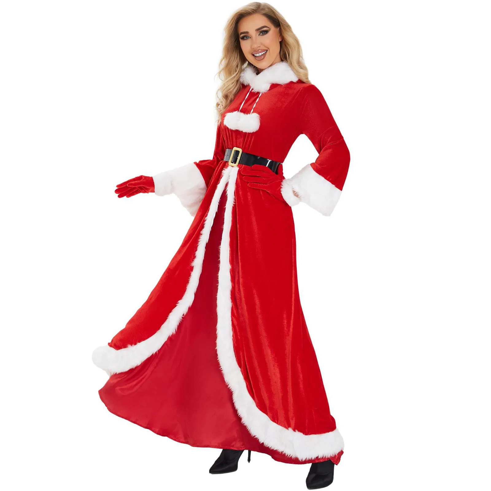 Womens Christmas Deluxe Mrs Santa Claus Costume Set Velvet Dress with Hooded Cape Belt Xmas New Year Cosplay Party Fancy Outfits