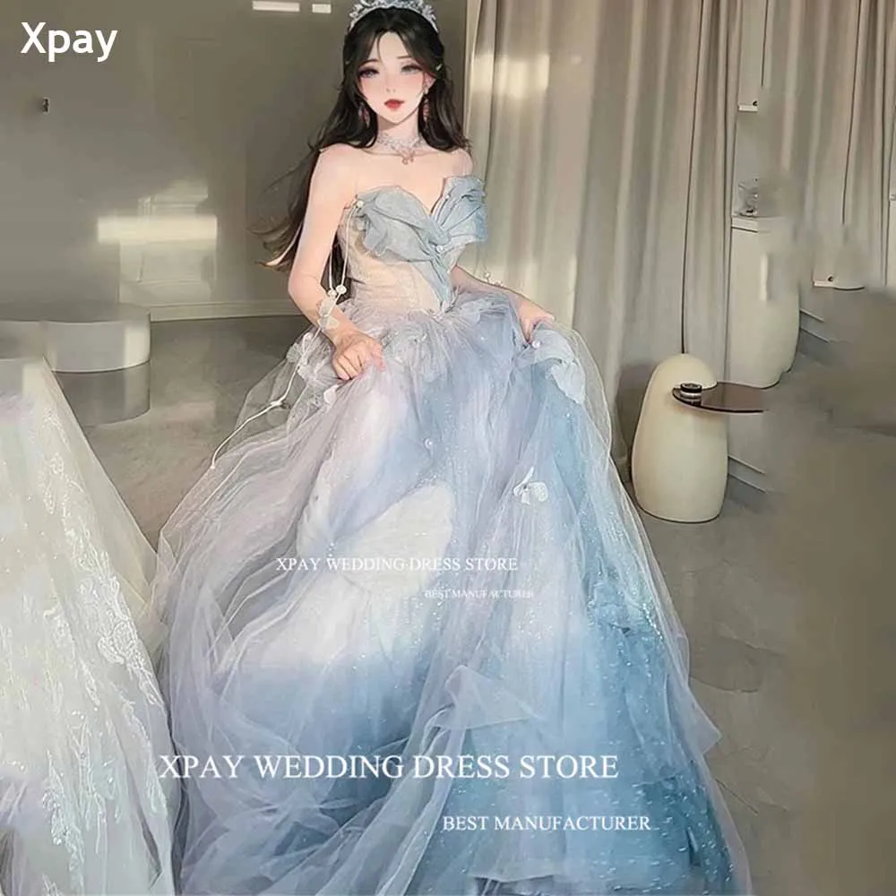 XPAY Princess Shiny Korea Evening Dresses Blue Sparkly Fairy Tulle Photo Shoot Corset Formal Birthday Party Dress 3D Lace Tassel