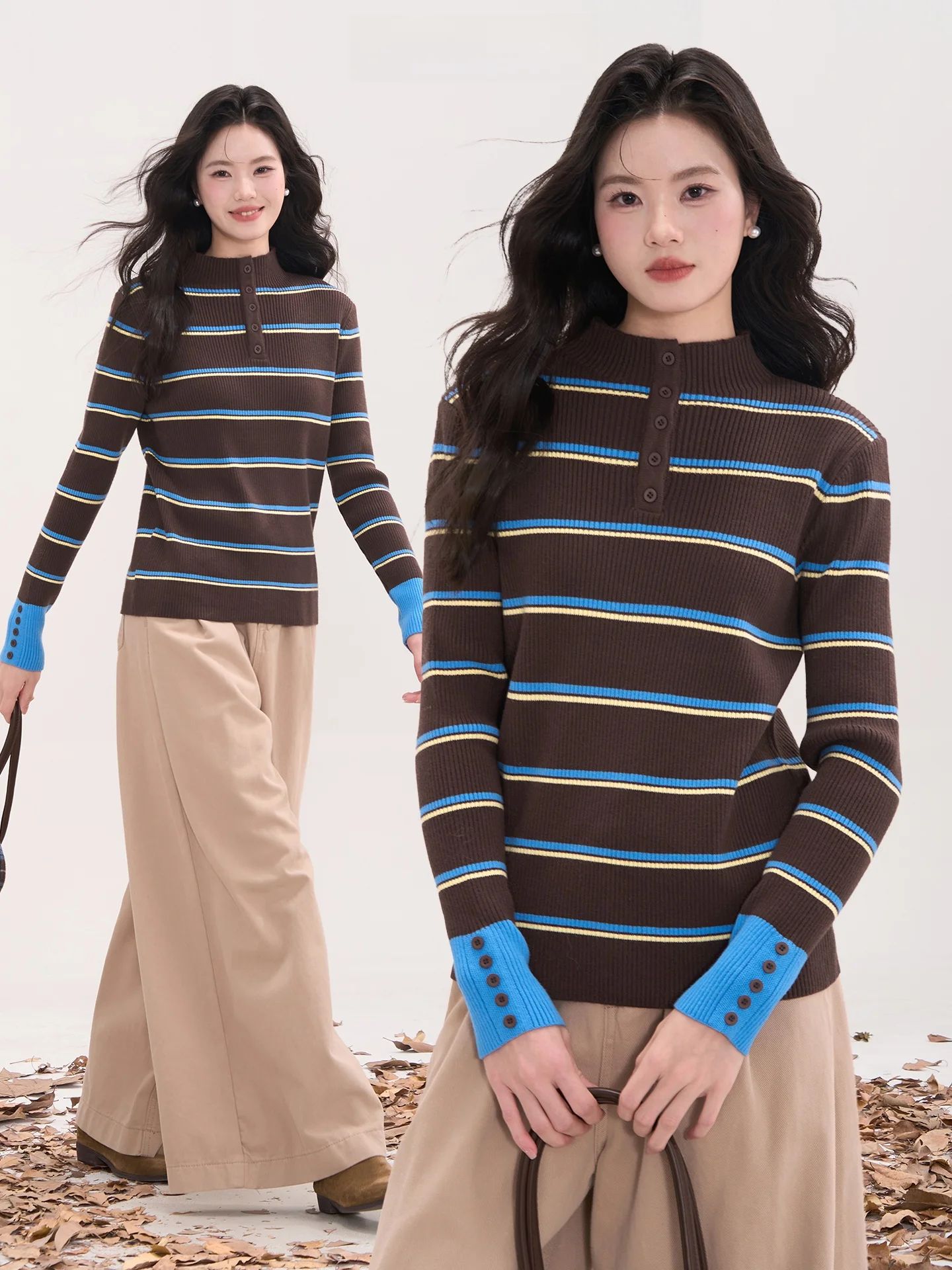 

Женский топ Heme f с высоким воротником и открытыми манжетами, в полоску, осенне-зимний, повседневный, вязаный, из смесового полиэстера