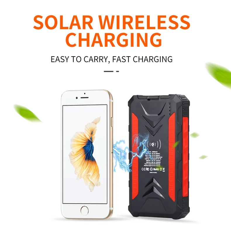 IP65 Waterproof LED Wireless Charging Portable Power Bank Flashlight Solar And Type-c 20000mAh Rechargeable 5W Searchlight