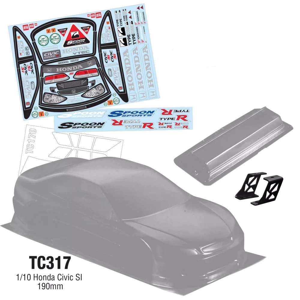 1/10 scale Honda Civic SI Clear Car Body W/ Rear Wing and Decals for RC Drift Frame 255-260mm Wheelbase Tamiya Kyosho Yokomo mst