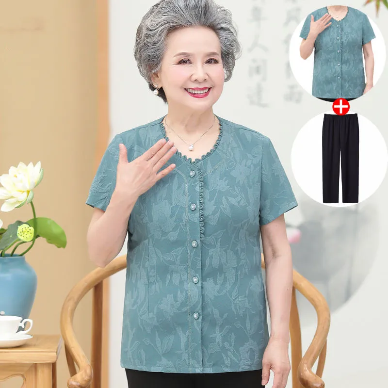 

Elderly People Casual Blouse Summer New 5XL Short Sleeve Shirt Blusa Grandma Tops Middle-aged Old Mother's Thin Cardigan Coat