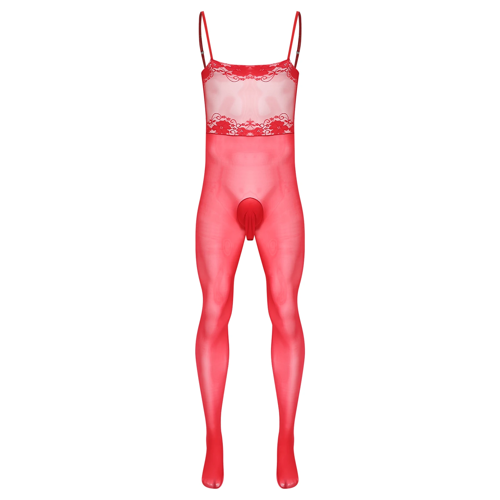 

Men See Through Lace Lingerie Bodysuit Camisole Jumpsuit Sissy Cutout Pouch Full Length Bodysuit Nightclub Role Play Club Wear