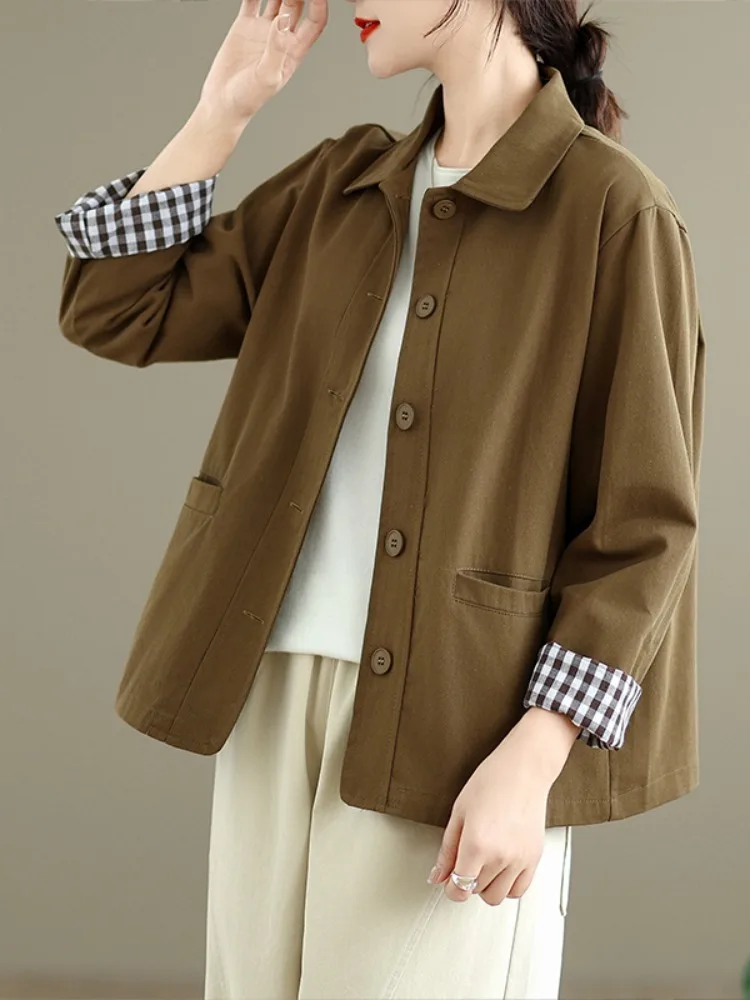 

Корейский хлопковый джак в стиле ретро, женский простой открытый кардиган с хлопковым воротником, повседневный свободный крой