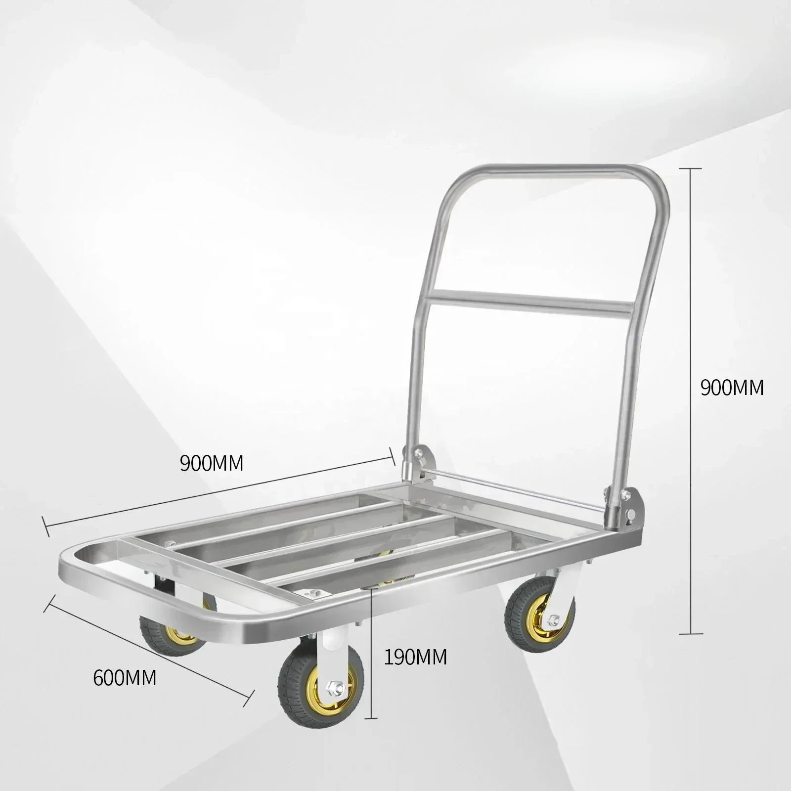 Stainless Steel Square Tube Trolley, 400kg, 5-inch Wheels, Foldable Silent Flatbed Cart, for Transporting Goods