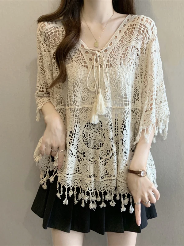 

Bohemian Hook-Design Hollow Short-Sleeve Knitted Top Women's Outerwear Spring Summer New Style plus Size Tassel Detail Shirt