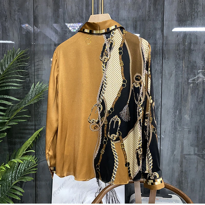 ZAROY Vintage Luxury Women Satin Shirts Spring Autumn Long Sleeve Lapel Silk Blouses Luxury Design Baroque Print Female Shirt