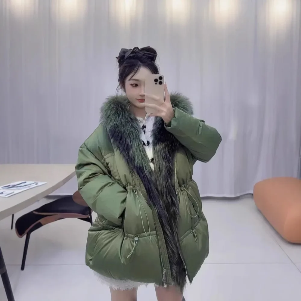 Novo high end inverno real natural gola de pele de raposa quente solto curto puffer jaqueta branca ganso para baixo casaco feminino engrossado para baixo jaqueta