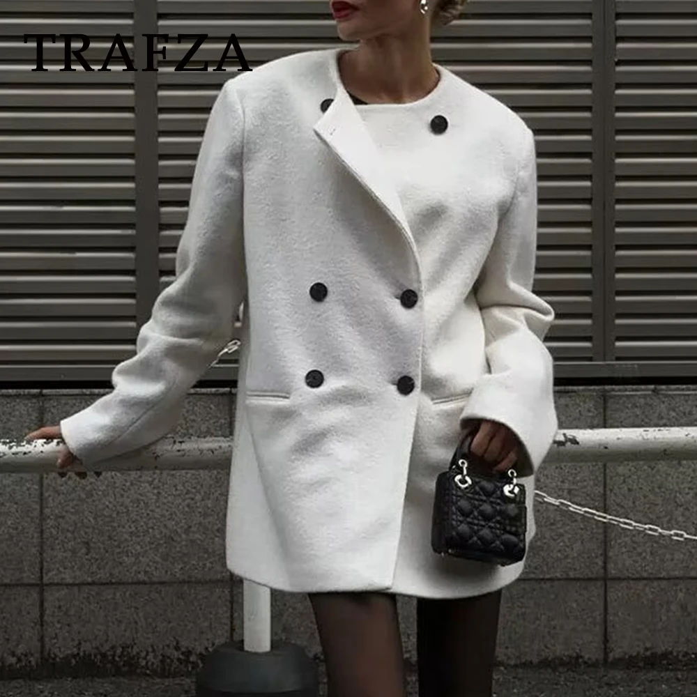 

TRAFZA 2024 Winter Women Casual Solid Coat Fashion Double Breasted Loose Fit Coat O-Neck White Long Women Demi-season Jacket