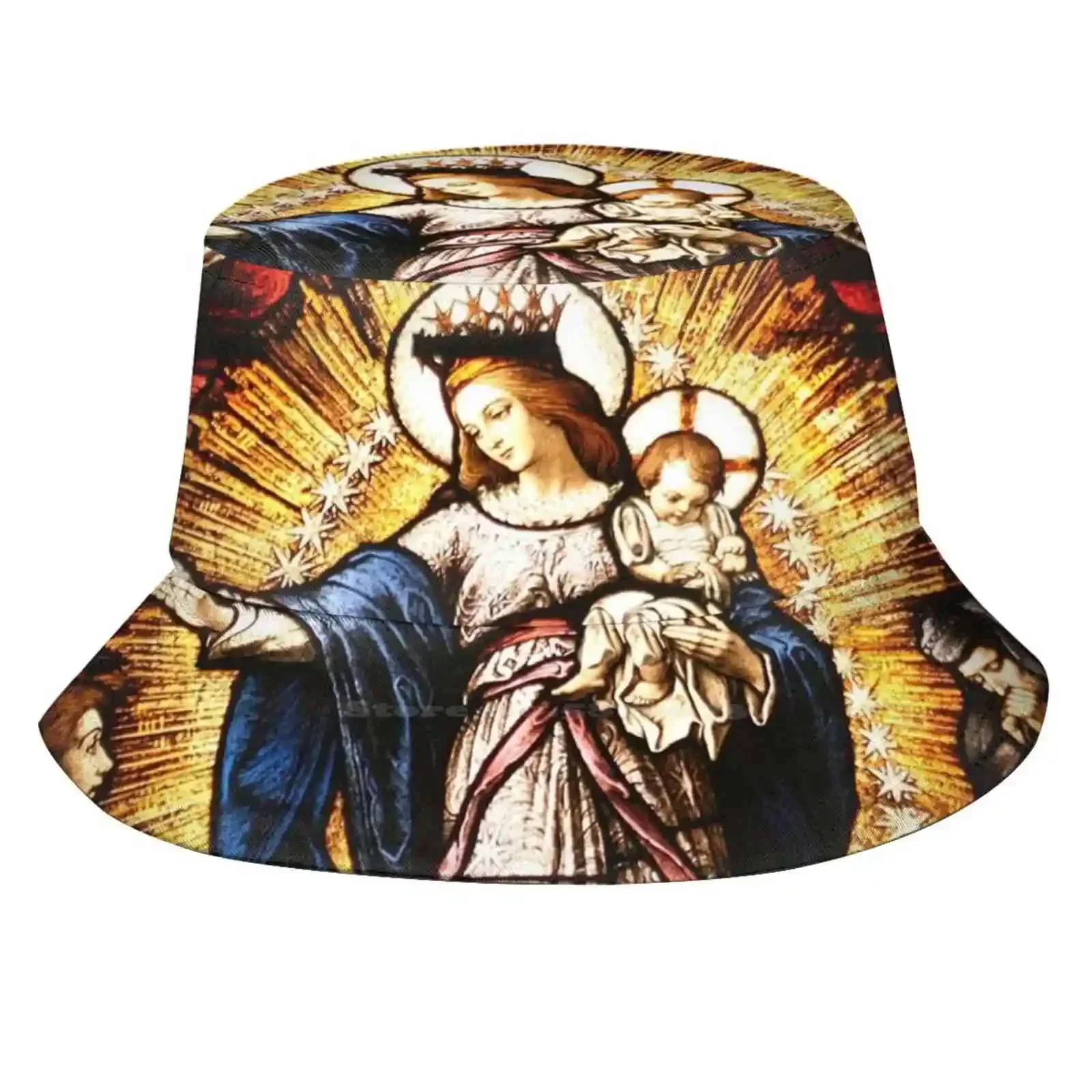 The Virgin Mary Bucket Hat Beach Tourism Hats Breathable Sun Cap Catholic Religion Stained Glass Mother Virgin Mary