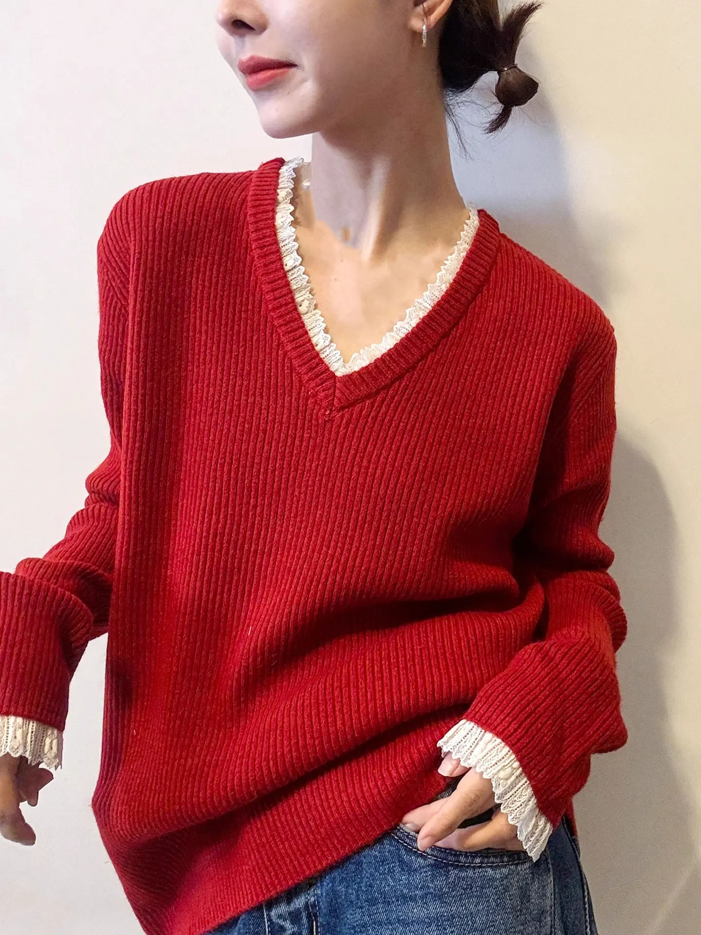 

Ele V-Ne кружевной вязаный свитер красного цвета, модный зимний шерстяной свитер для женщин, корейский свободный крой