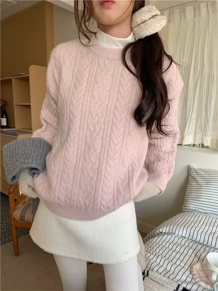 

Кремовый цвет, мягкие свитера с жареным тестом, женские милые вязаные топы с круглым вырезом и круглым вырезом, зимний универсальный пуловер