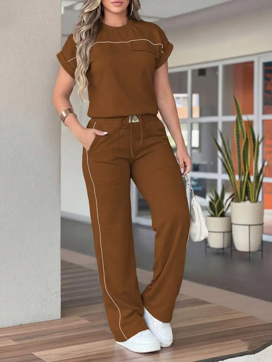 

Women Solid Color Minimalist Round Neck Short Sleeve Top And High Waist Straight Leg Pants 2-Piece Set Spring Summer