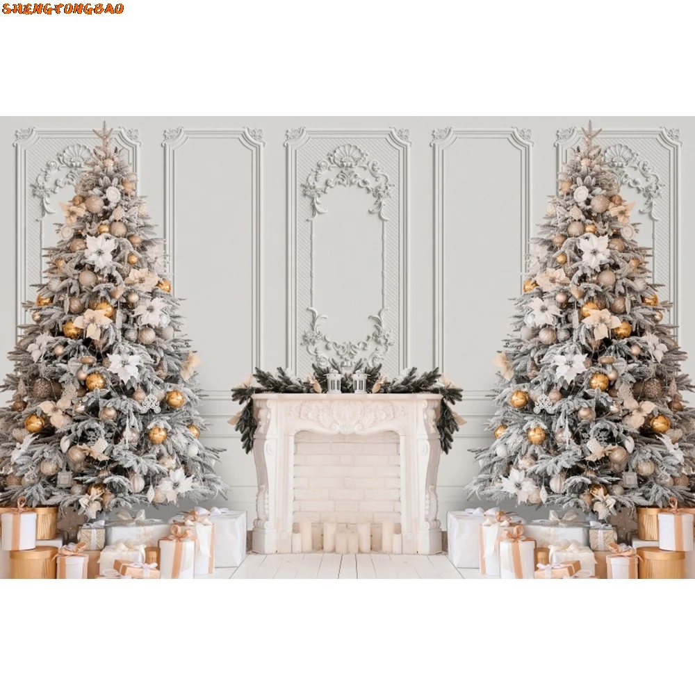 White Snow Christmas Backdrop Xmas Tree Fireplace Interior Merry Christmas Winter Family Kids Portrait Photography Background