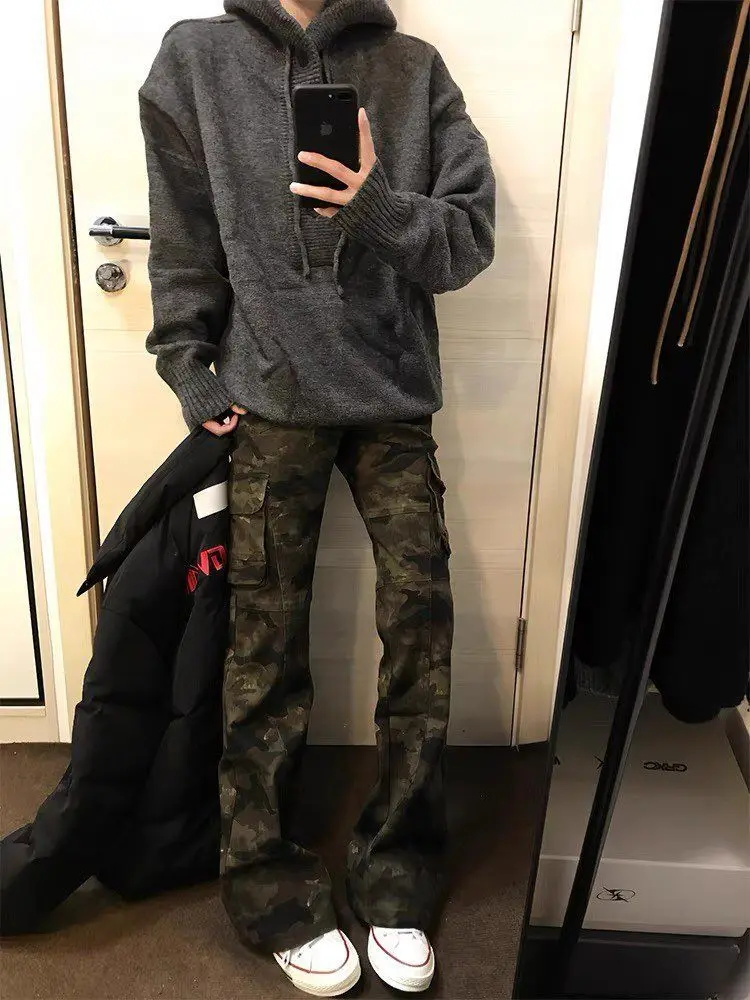 Luxury Man Clothing Brand 2026 Vintage Camouflage Flared Cargo Pants for Men Spring/autumn High Street Pants Slim-fit Jeans