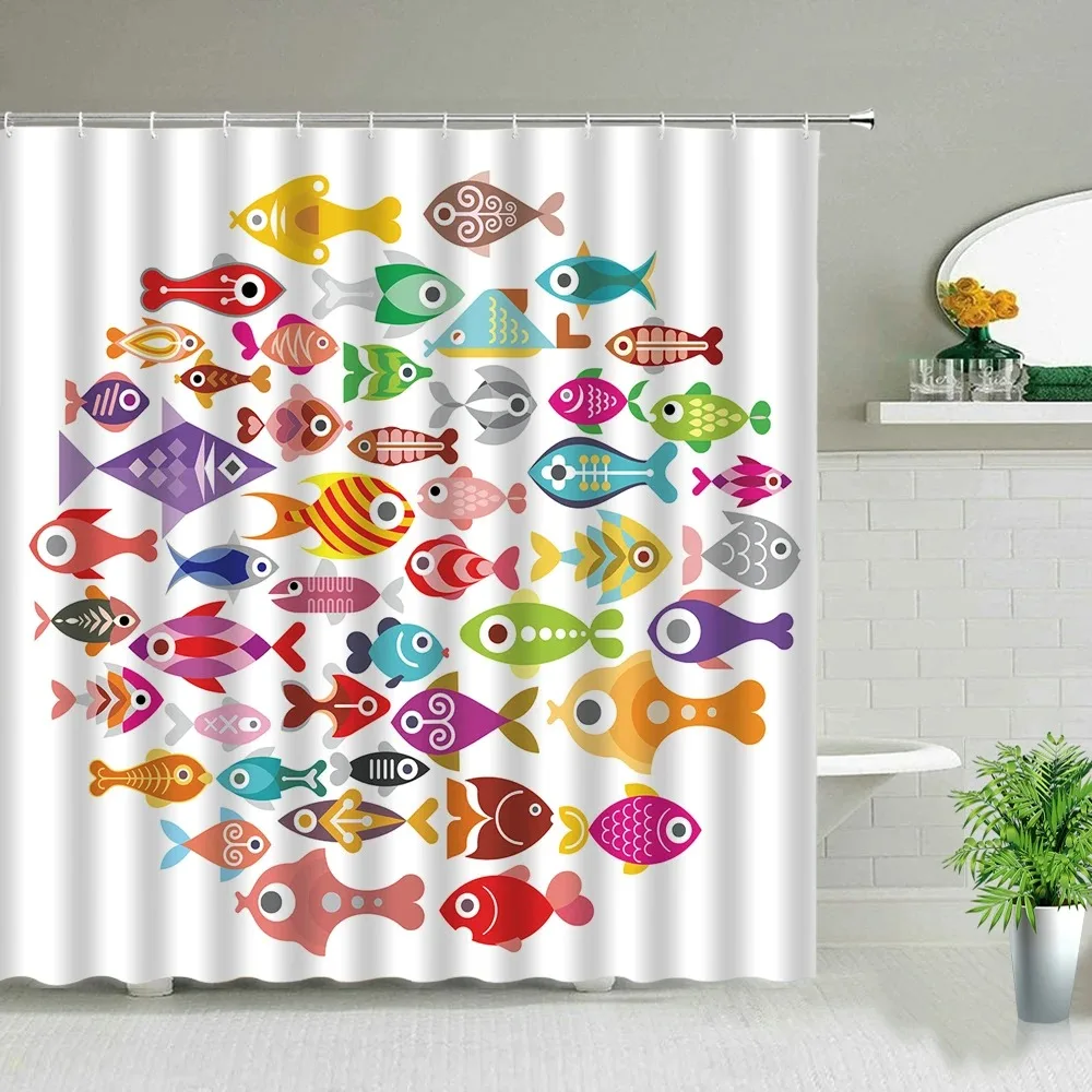 Colorful Cartoons Fish Shark Shower Curtains Ocean Life Children\'s Bathroom Home Decor Cloth Curtain Set Waterproof Bath Screens