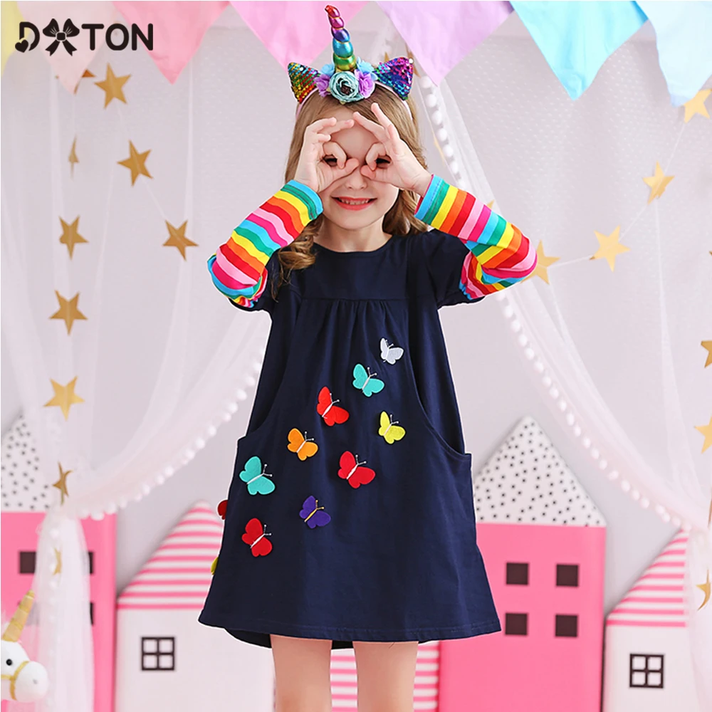 DXTON Birthday Girls Dresses Long Sleeve Baby Girls Winter Dresses Kids Cotton Clothing Casual Dresses for 2-8 Years Children