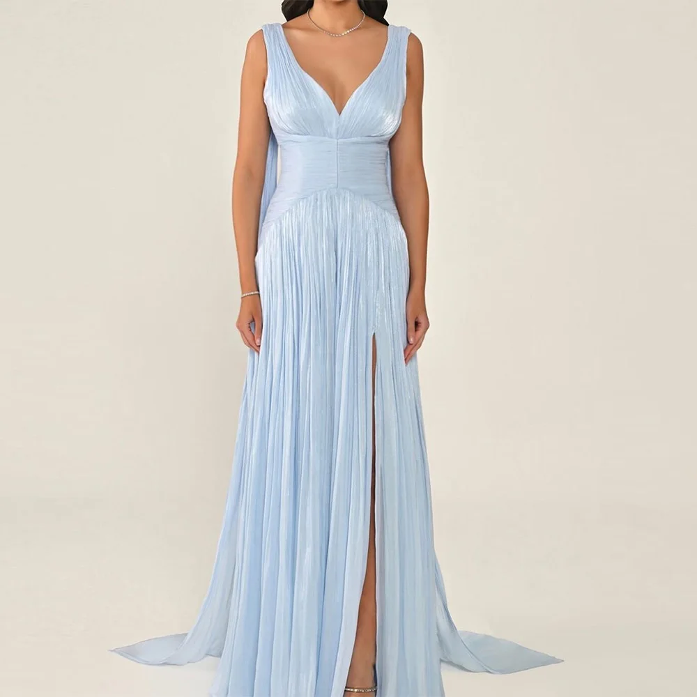 

Delicate Customized Pleats Organza Celebrity Gowns Modern V-Neck A-Line Evening Dress Fashion Side Slit Lace Up Back Party Dress