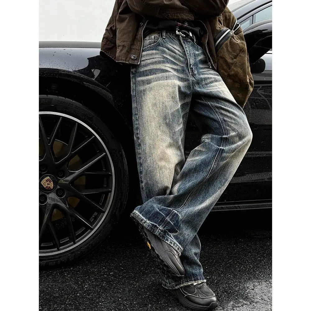 Men's Retro Water Ripple Cat Whisker Jeans Street Vibe Casual Pants High Waist Y2k Trousers