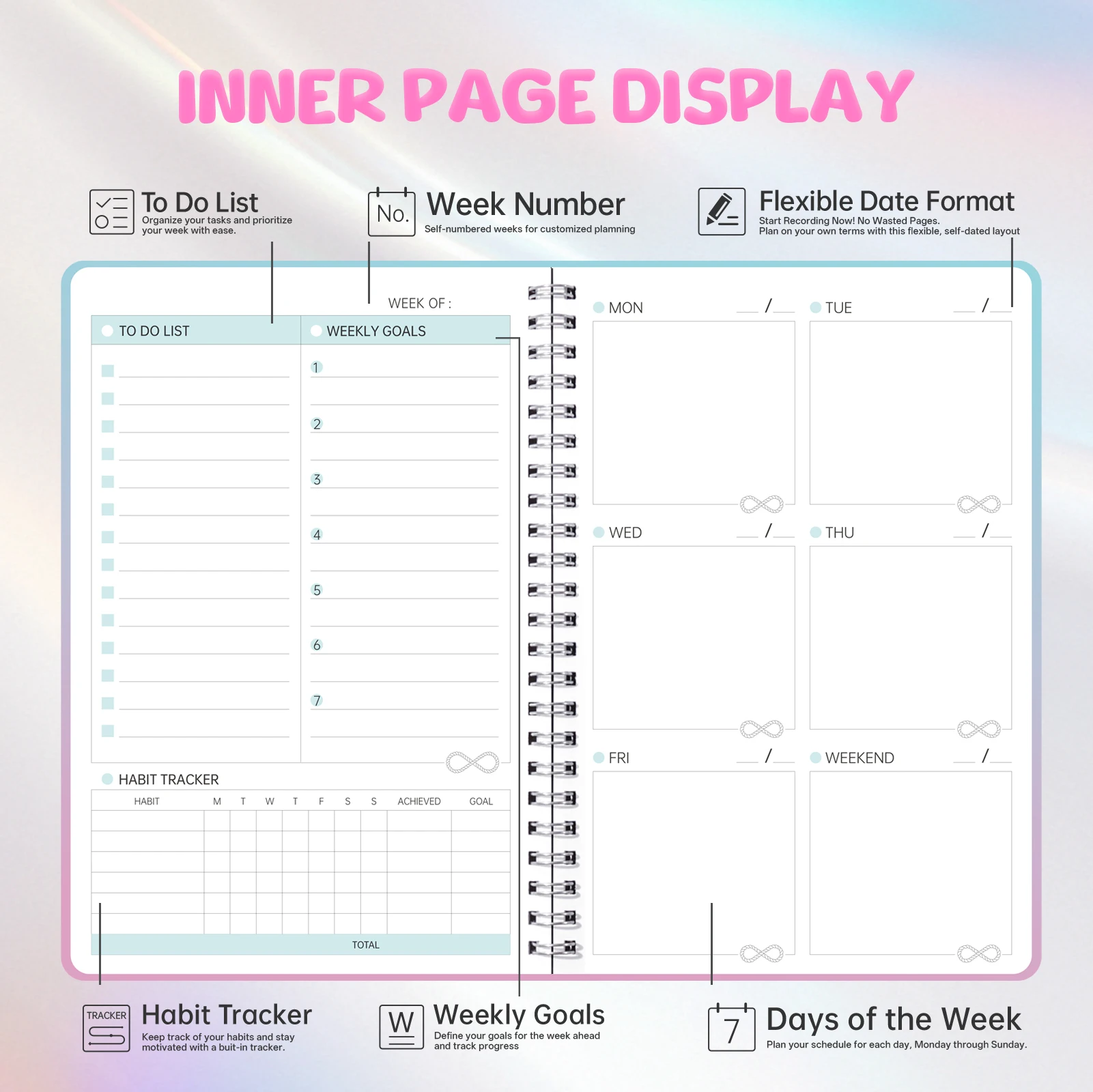 مخطط A5 غير مؤرخ 104 صفحة دفتر حلزوني 52 أسابيع جدول أعمال يومي أسبوعي جداول الطلاب القرطاسية مكتب اللوازم المدرسية #3
