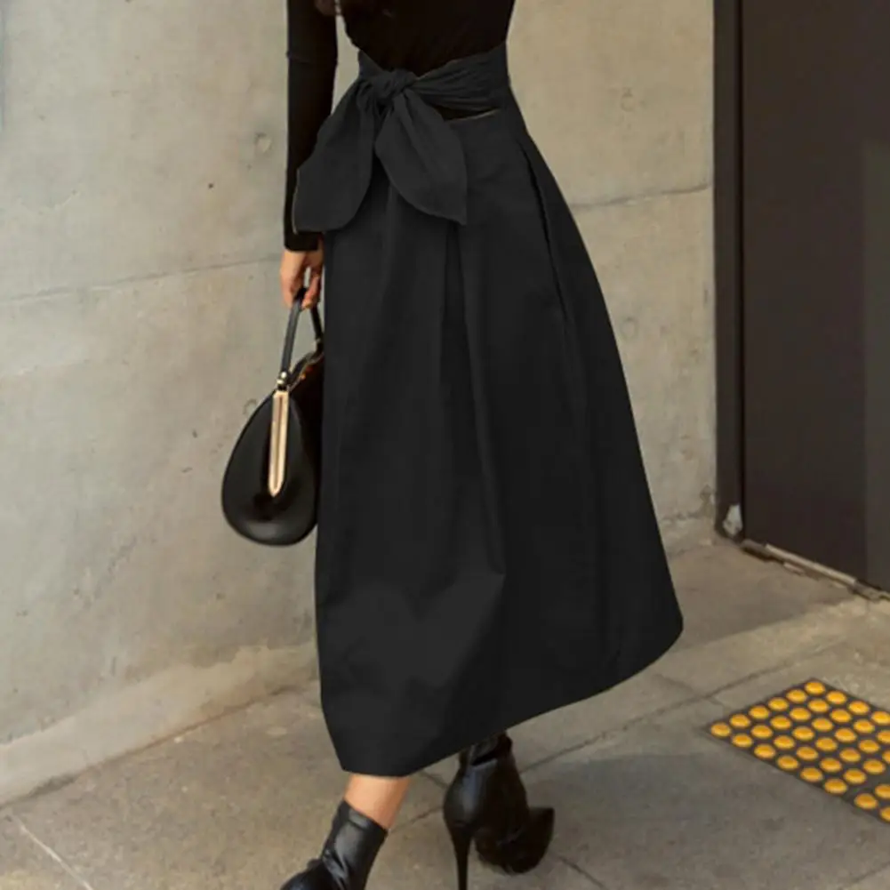 Women Elegant Solid Midi Skirts Spring Summer Fashion All-match Loose Half Dress Office Ladies Casual Bow High Waist Skirt