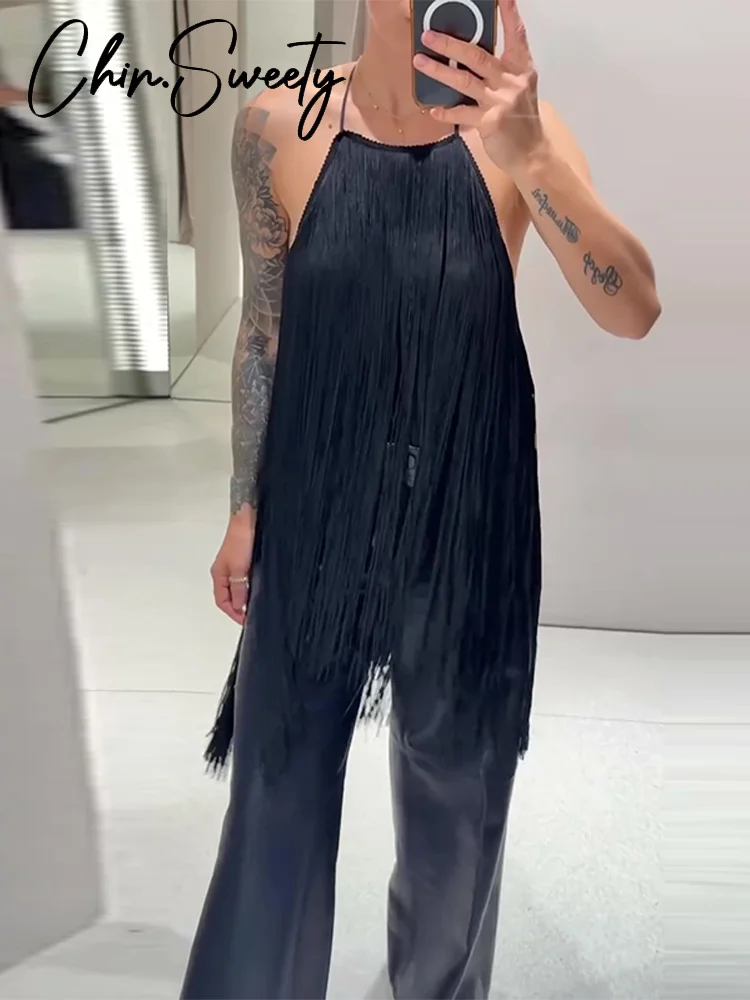 

Sexy Long Tassel Women Top Halter Sleeveless Backless Black Female Vest 2026 Spring Summer Chic Party Ball Lady Crop Tops New