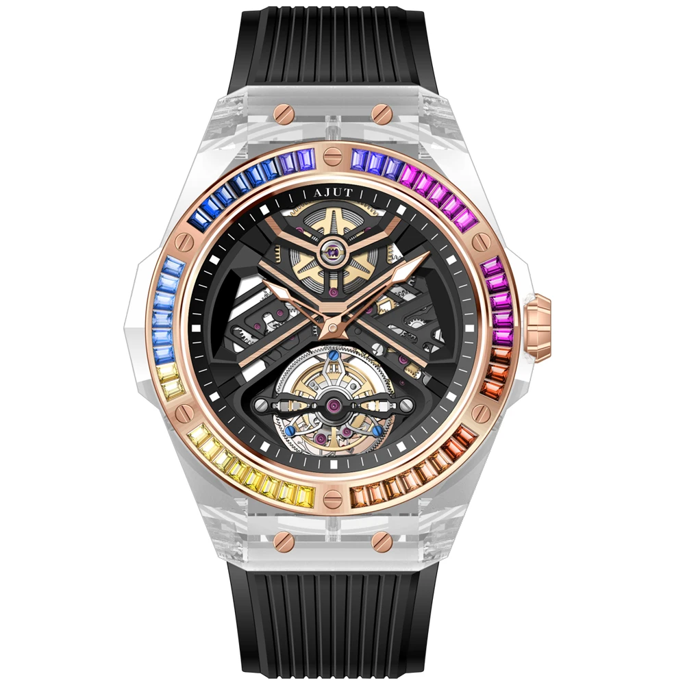 AJUT Movimento automatico Tourbillon Orologi da uomo Cassa trasparente in cristallo Orologi meccanici da uomo di lusso 0523