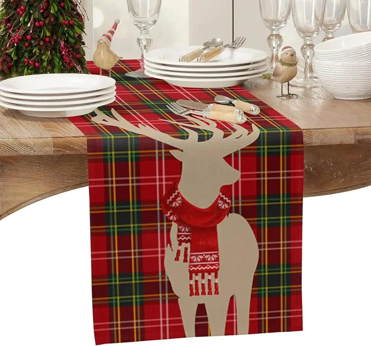 Christmas Elk Wearing Red Scarf Linen Table Runners Kitchen Dining Table Decor Reusable Dining Decoration