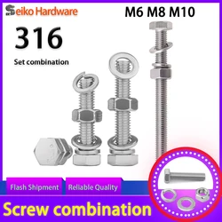 316 stainless steel Hexagonal bolt, screw and nut set, extended screw, washer and nut set, M6 M8 M10 Extended screw combination