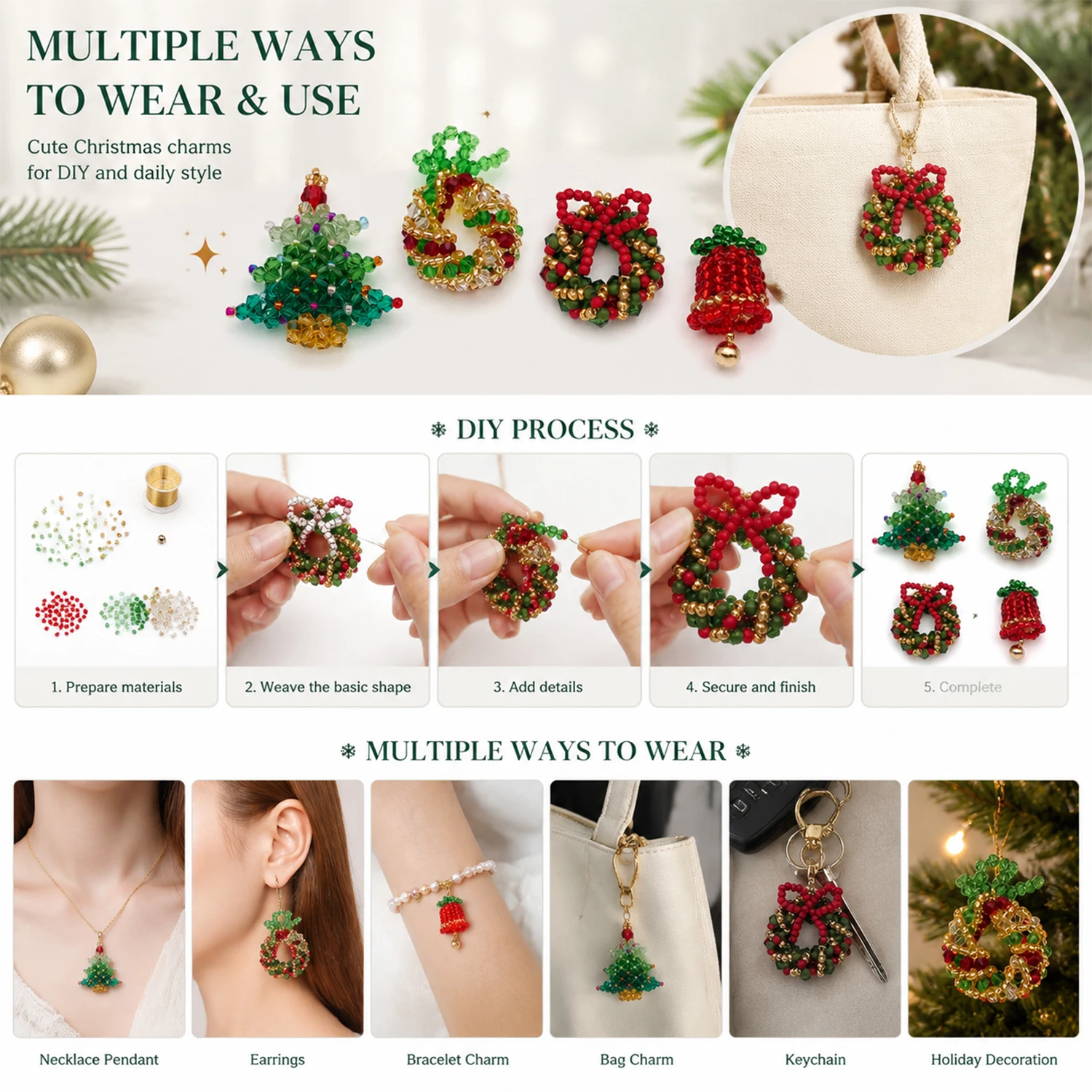 4/5pcs Christmas Beaded Charms Tree Stocking Wreath Pendants For Winter Holiday Xmas Festive Gift DIY Earrings Bracelet Necklace
