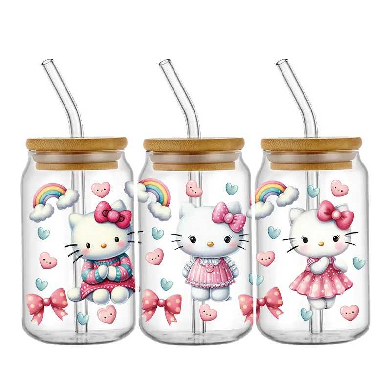 Sanrio Hello Kitty Stitch mit Freunden für Libbey 16oz Dose Glas 3D wasserdicht UV DTF Kaffee kann Libbey Glasfolie verpacken