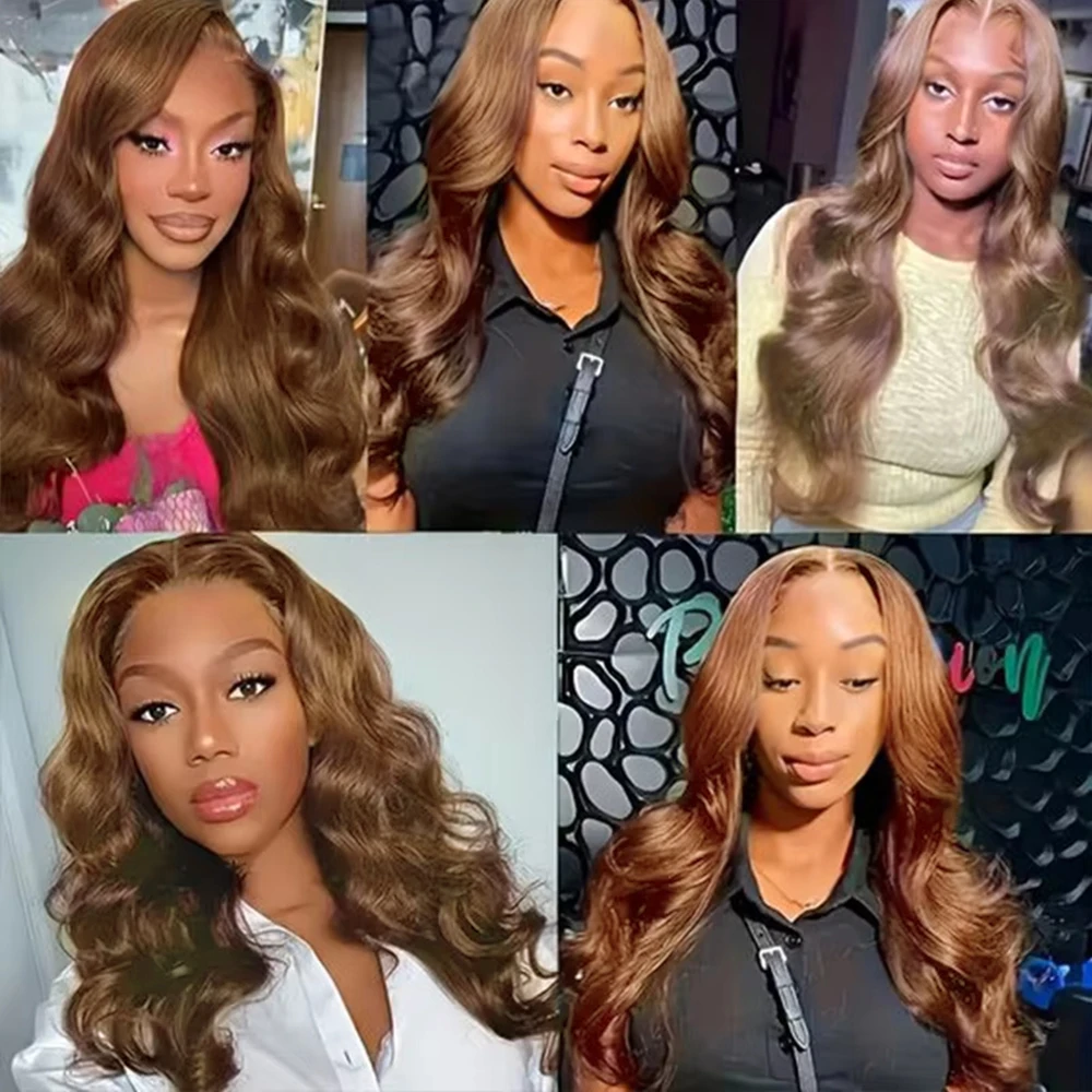 チョコレートブラウンのボディウェーブ人毛ウィッグ 13x4 HD透明レースフロントウィッグ 密度200% ブリーチノット レースフロントウィッグ