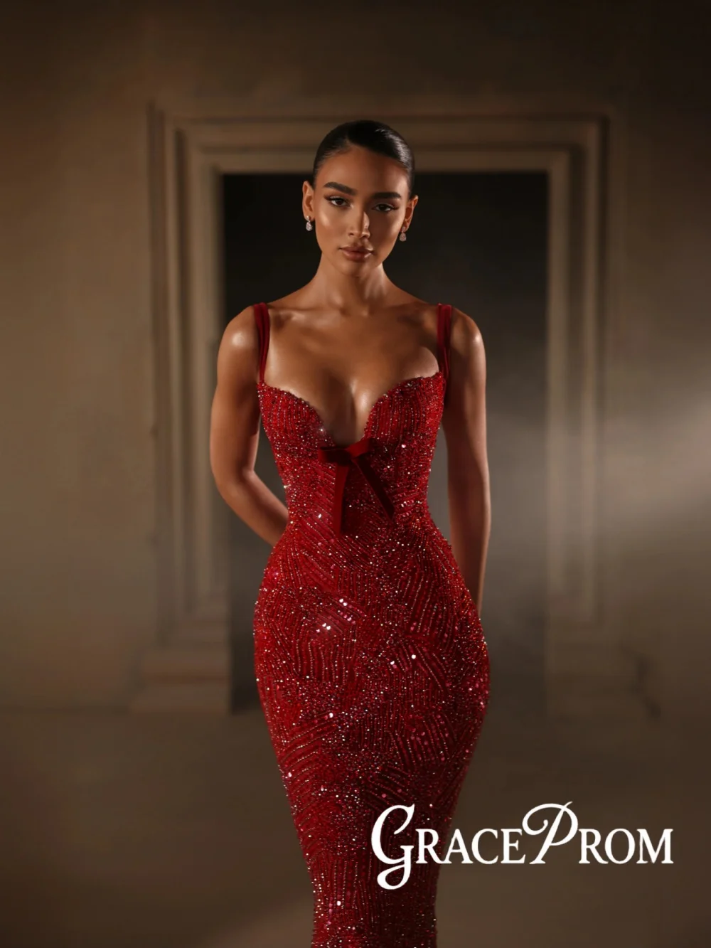 

New Red Embroidery Beaded Evening Dress Thin Straps Gorgeous Mermaid Wedding Party Gown Customized Long Chic Red Carpet Gowns