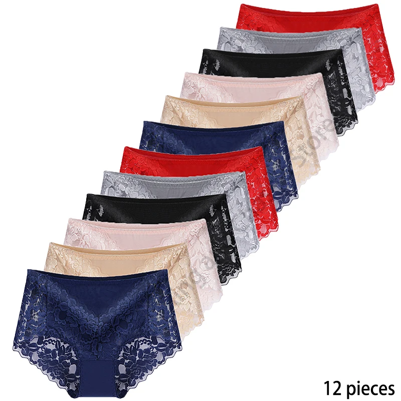 

12 pieces transparent panties, lace women's underwear, sexy briefs, comfortable, breathable, stretchy Lingerie, soft plus size