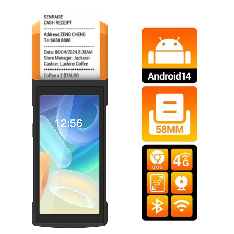 

Android 13 5.5 Inch NFC POS System Mobile Cashless Payment Order Terminal Touch Screen USB WiFi Card Reader Printer Bluetooth