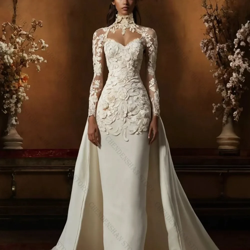 

Chic High Neck Long Sleeves Satin Evening Dress With Train 3D Appliques Robes De Soirée Customized Dresses