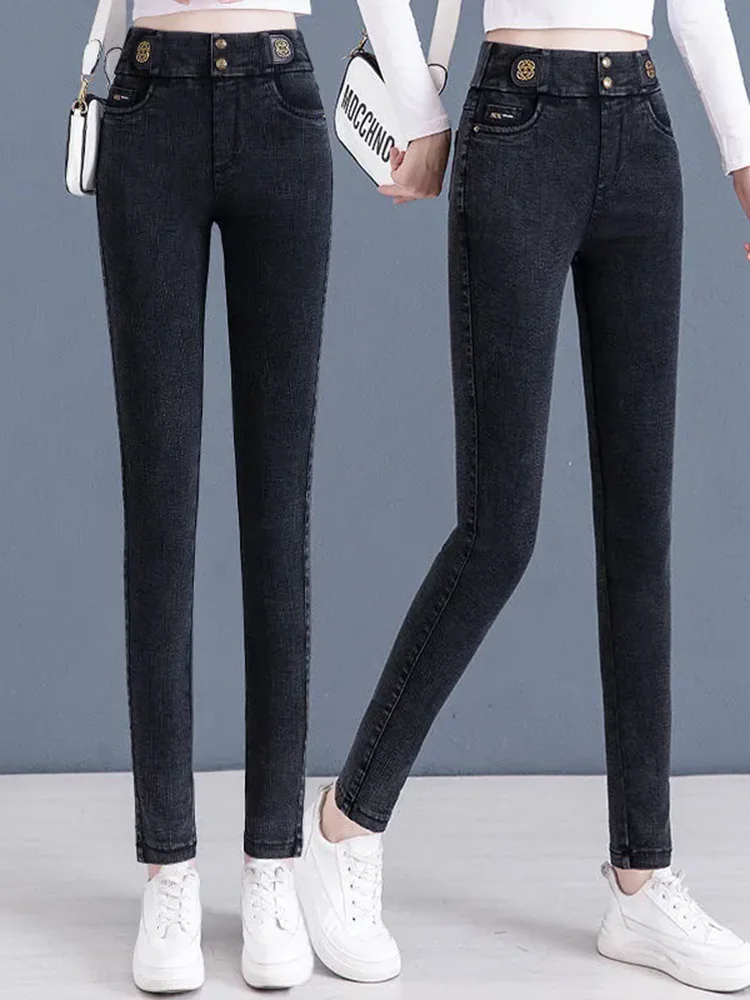 Winter Warm Skinny Vintage Pencil Jeans Women Elastic High Waist Fleece Lined Denim Pants Stretch Thicken Snow Wear Vaqueros New — zdjęcie 2